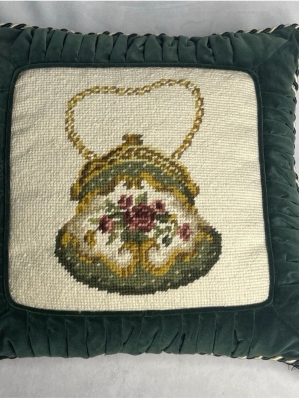 Needlepoint Pillow Purse Handbag Velvet Back Cottagecore Tassels